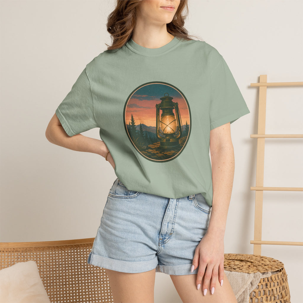 Lantern Sunset T-Shirt — Vintage Campfire Night Graphic Tee