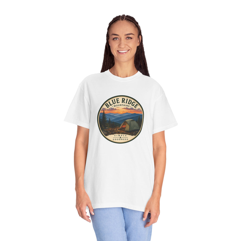 Blue Ridge Mountains Camping T-Shirt — Vintage Scenic Camp Graphic