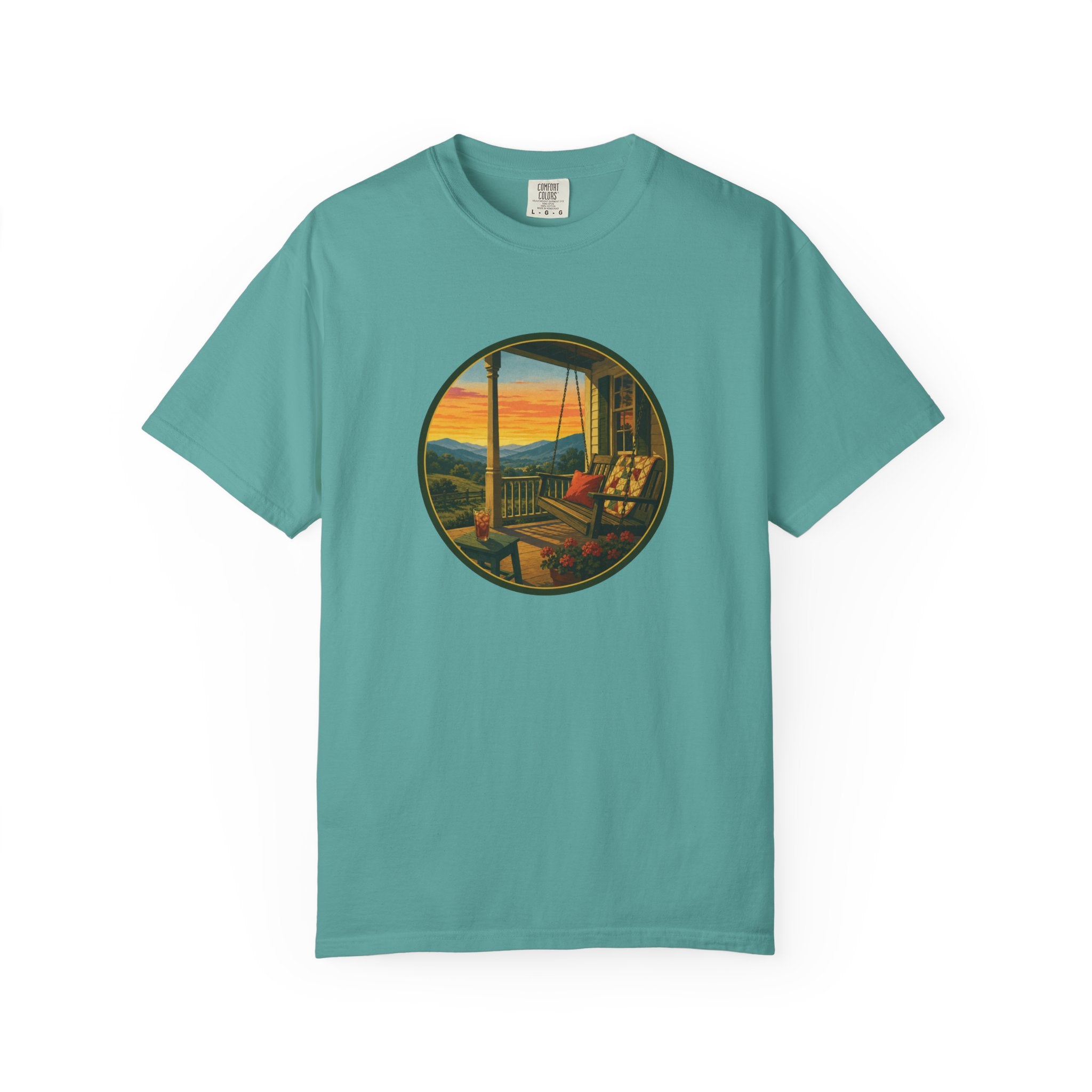 Sunset Porch Circle T-Shirt — Scenic Porch Swing Graphic Tee