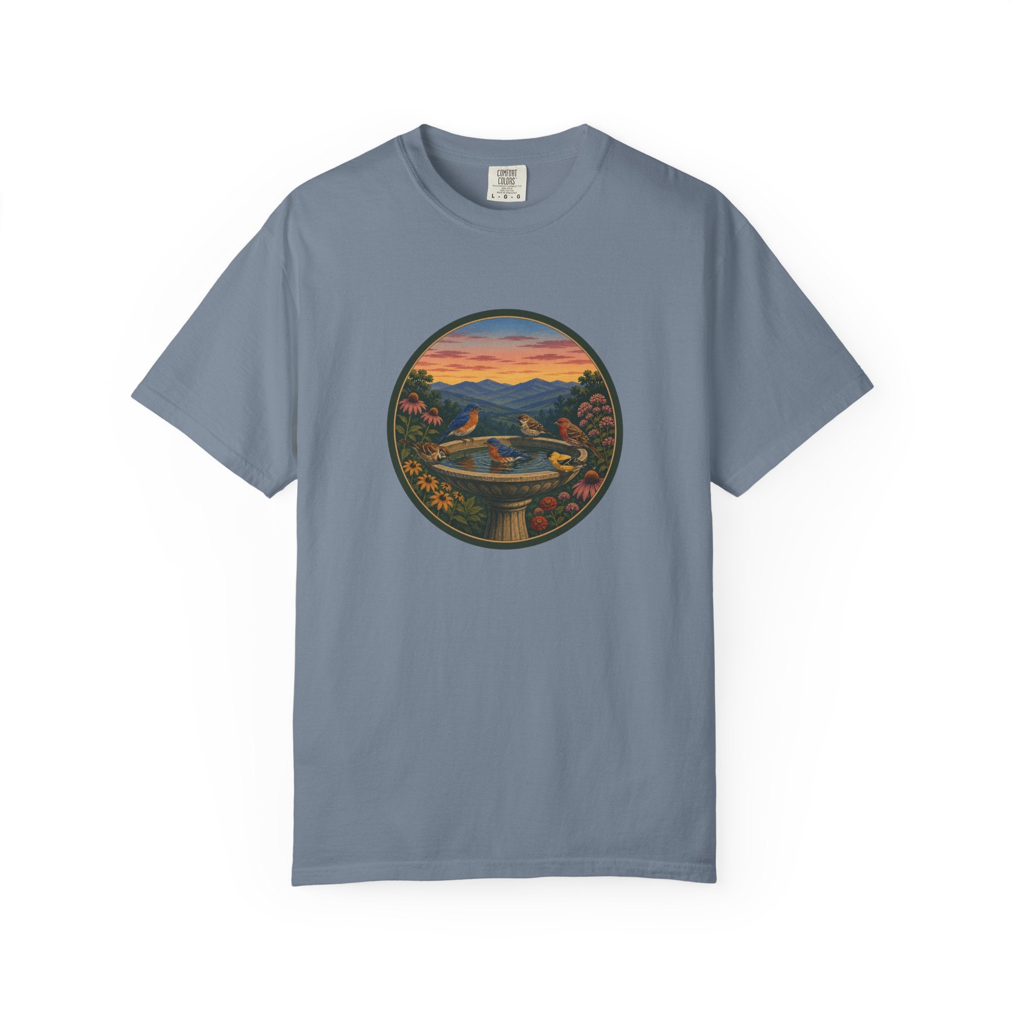 Sunset Garden Tee — Vintage Birdbath Landscape T-Shirt