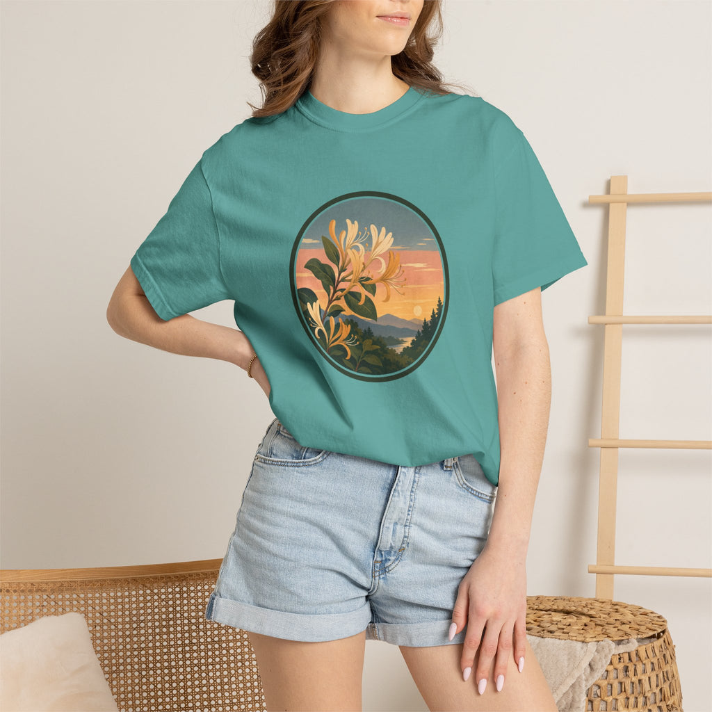Sunset Honeysuckle T-Shirt — Floral Sunset Circle Graphic Tee
