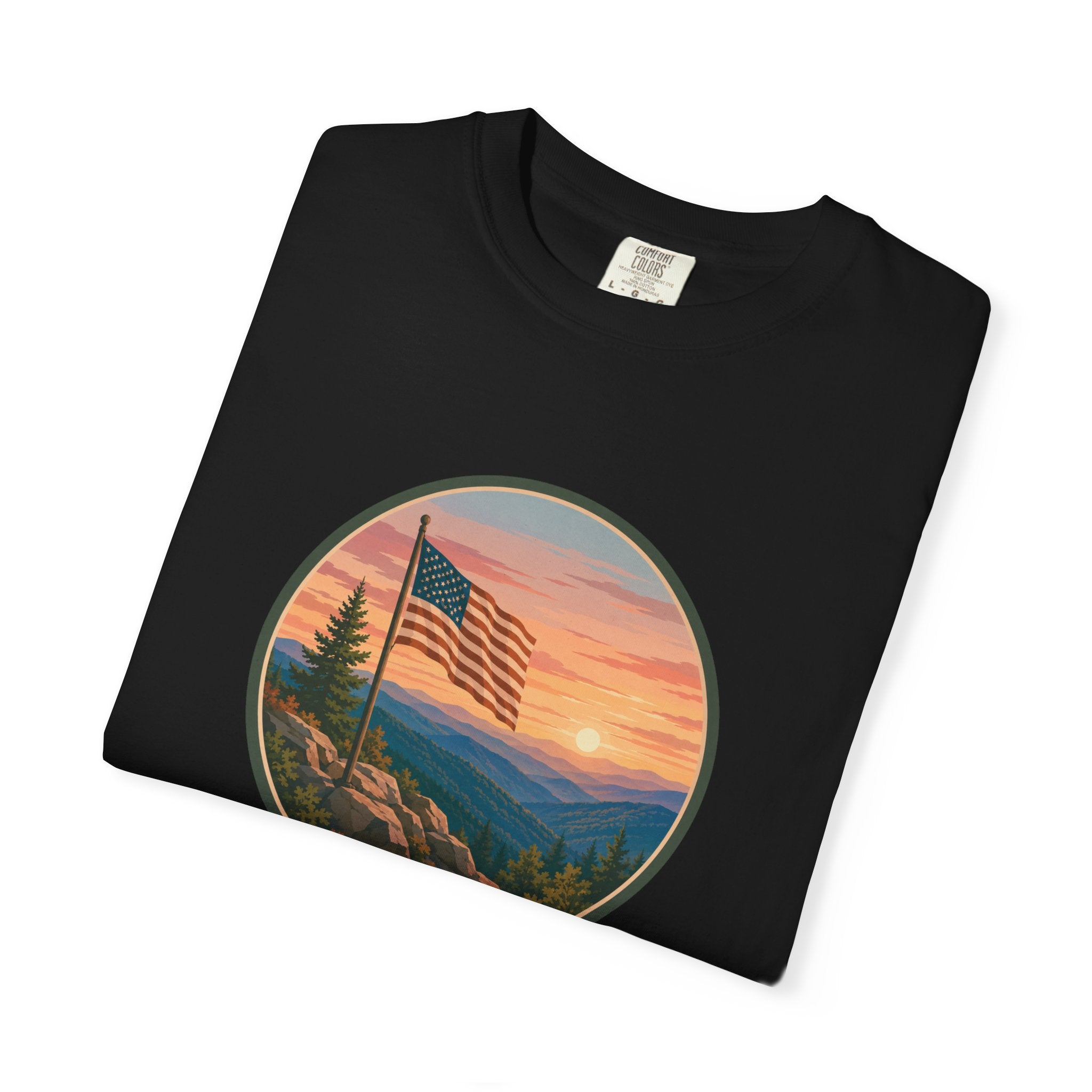 Flag Over Blue Ridge Mountains T-Shirt — Scenic Sunset American Flag Graphic Tee