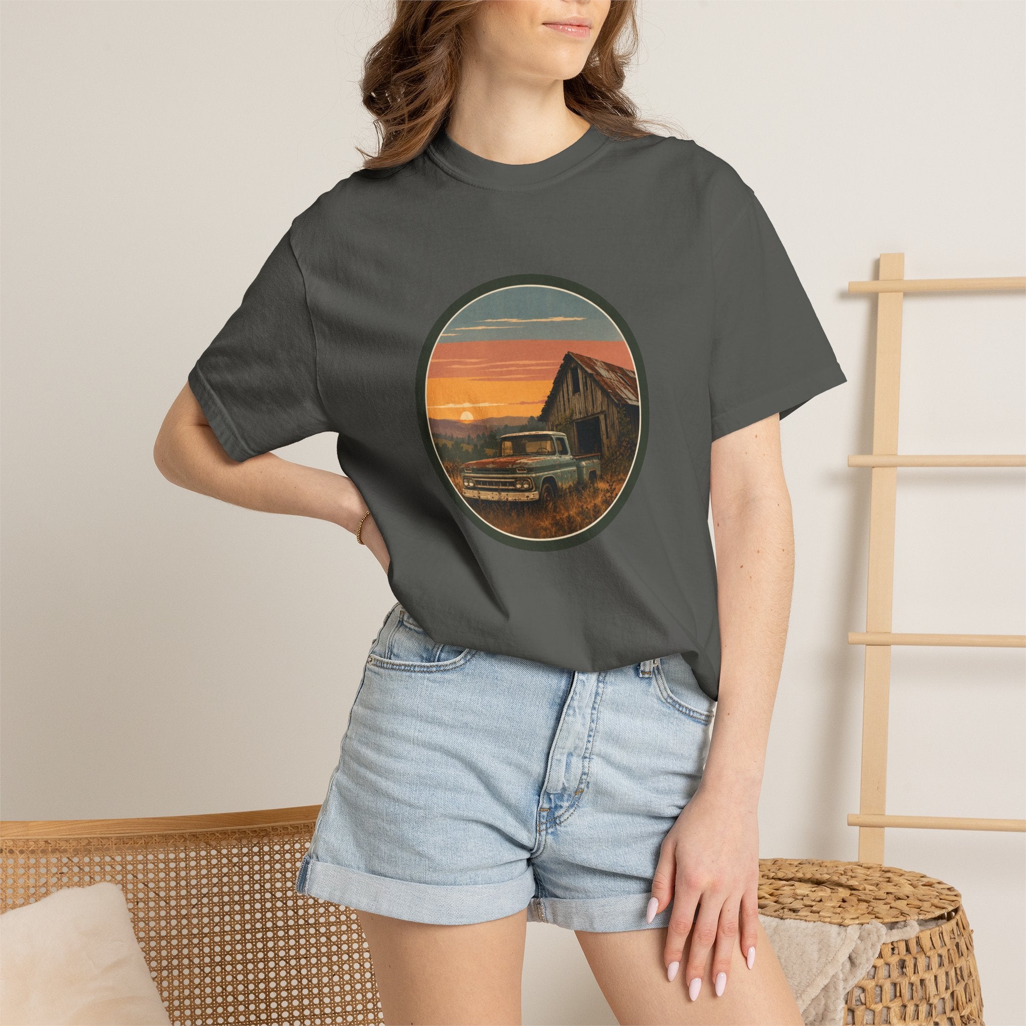Vintage Sunset Barn T-Shirt — Retro Truck Farm Scene