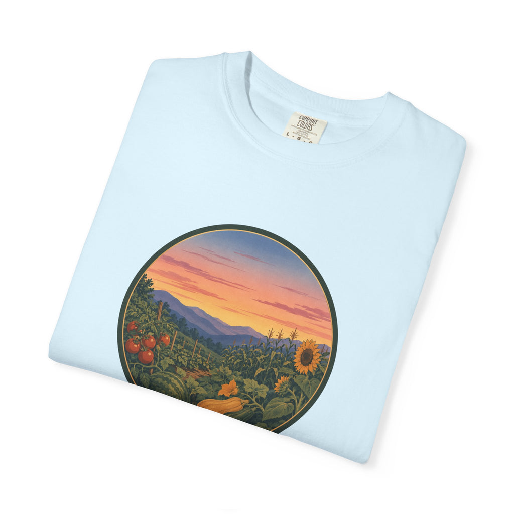 Sunset Mountain Garden T-Shirt — Scenic Fresh Vegetables Landscape Tee