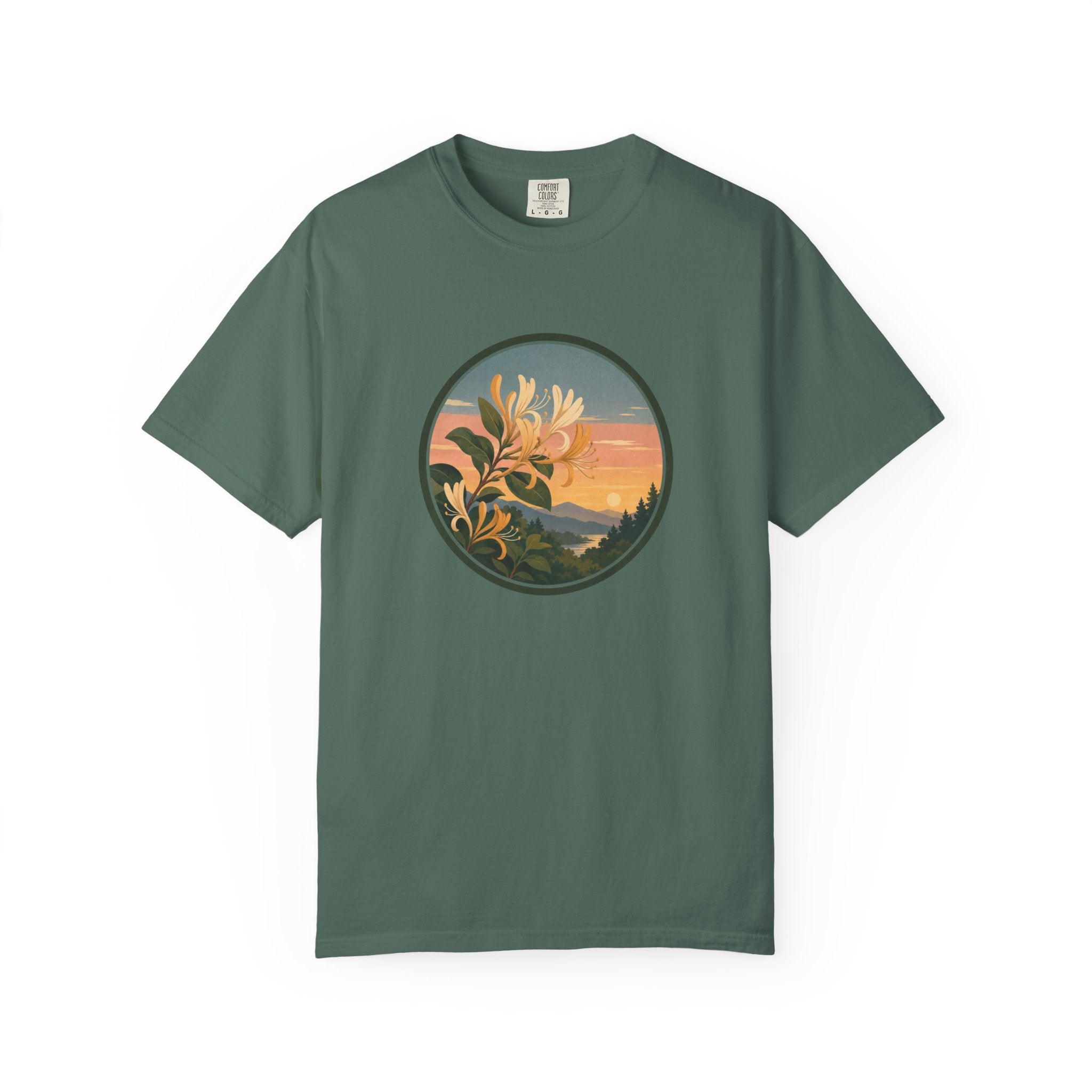Sunset Honeysuckle T-Shirt — Floral Sunset Circle Graphic Tee