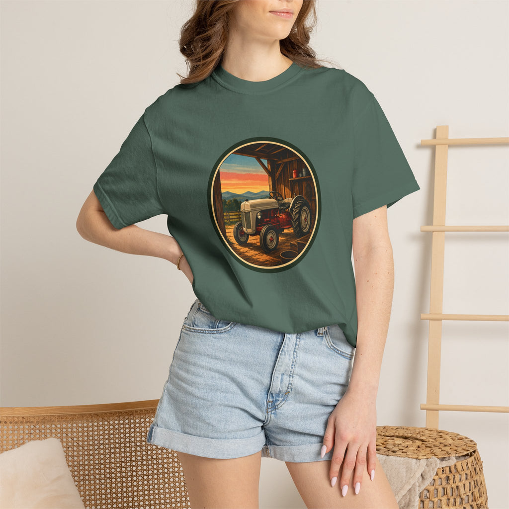Vintage Tractor Circle T-Shirt — Rustic Farmstead Sunset Tee