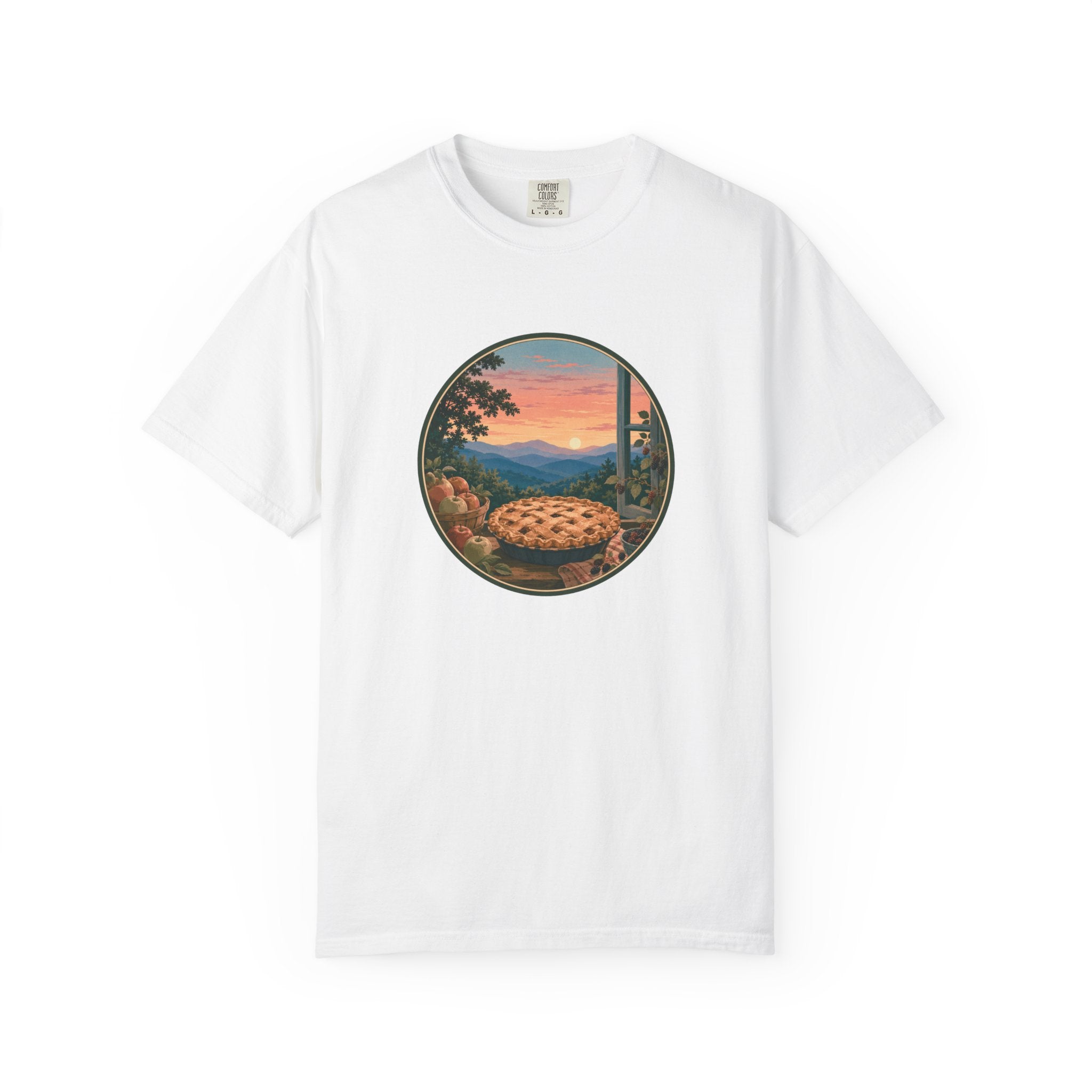 Scenic Pie Window T-Shirt — Sunset Mountain View Graphic Tee