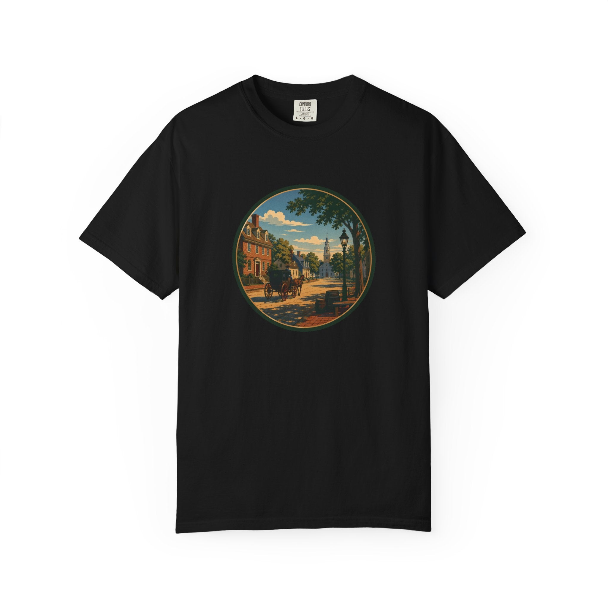 Colonial Carriage Ride T-Shirt — Retro Scenic Circle Print