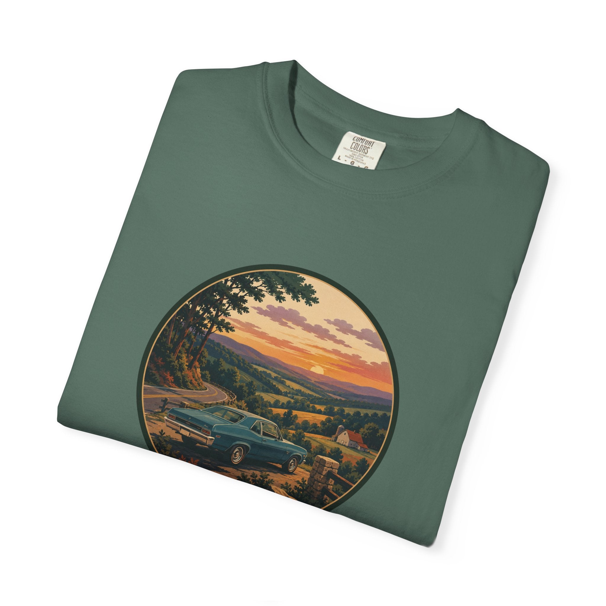 Sunset Valley Classic Car Landscape T-Shirt