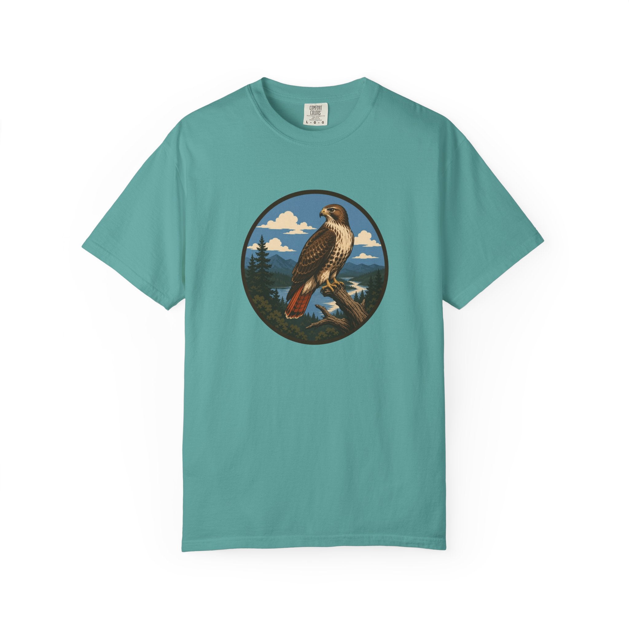 Red-Tail Hawk Mountain Circle T-Shirt — Vintage Hawk Nature Graphic Tee