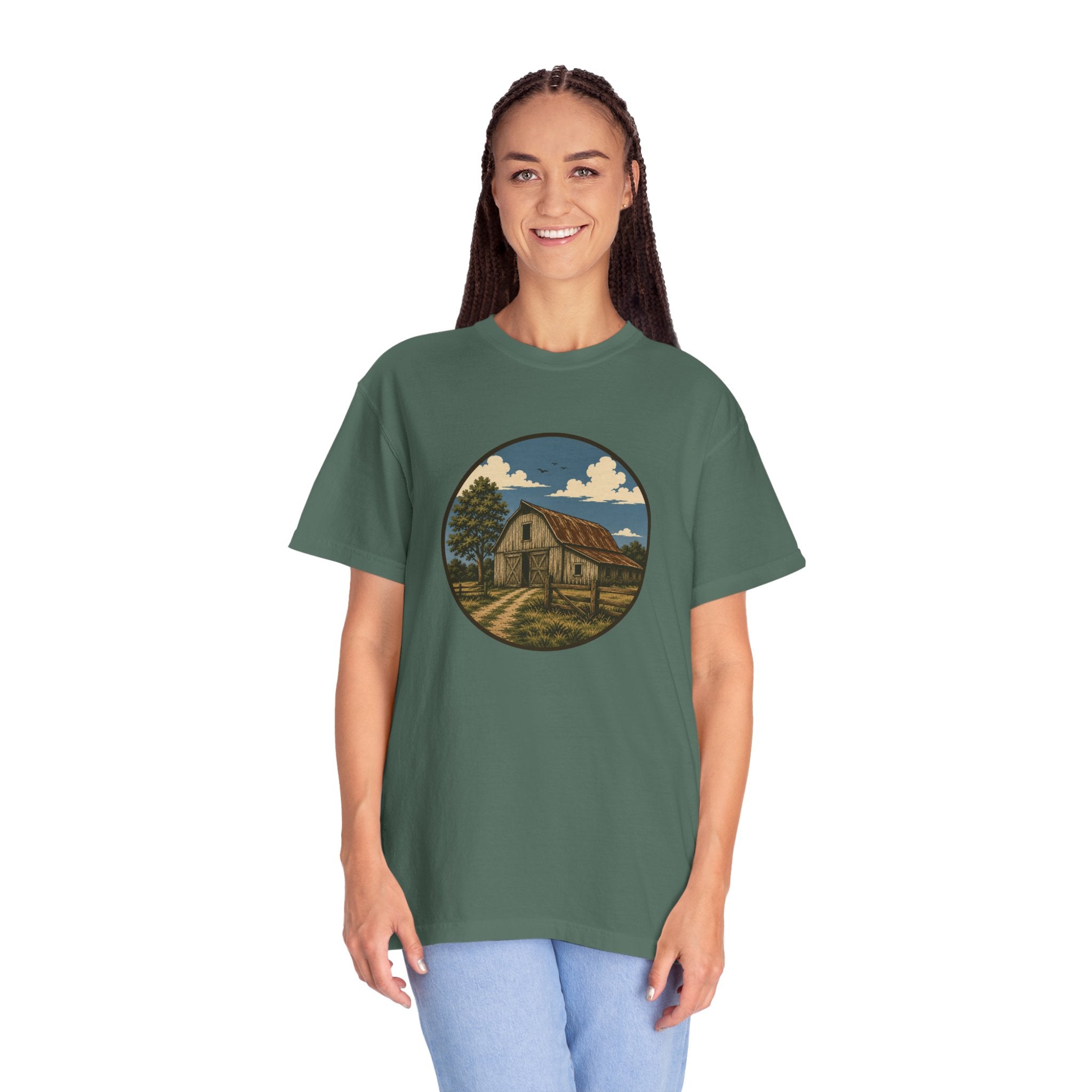 Barn Scene T-Shirt — Rustic Farmhouse Circle Graphic Tee