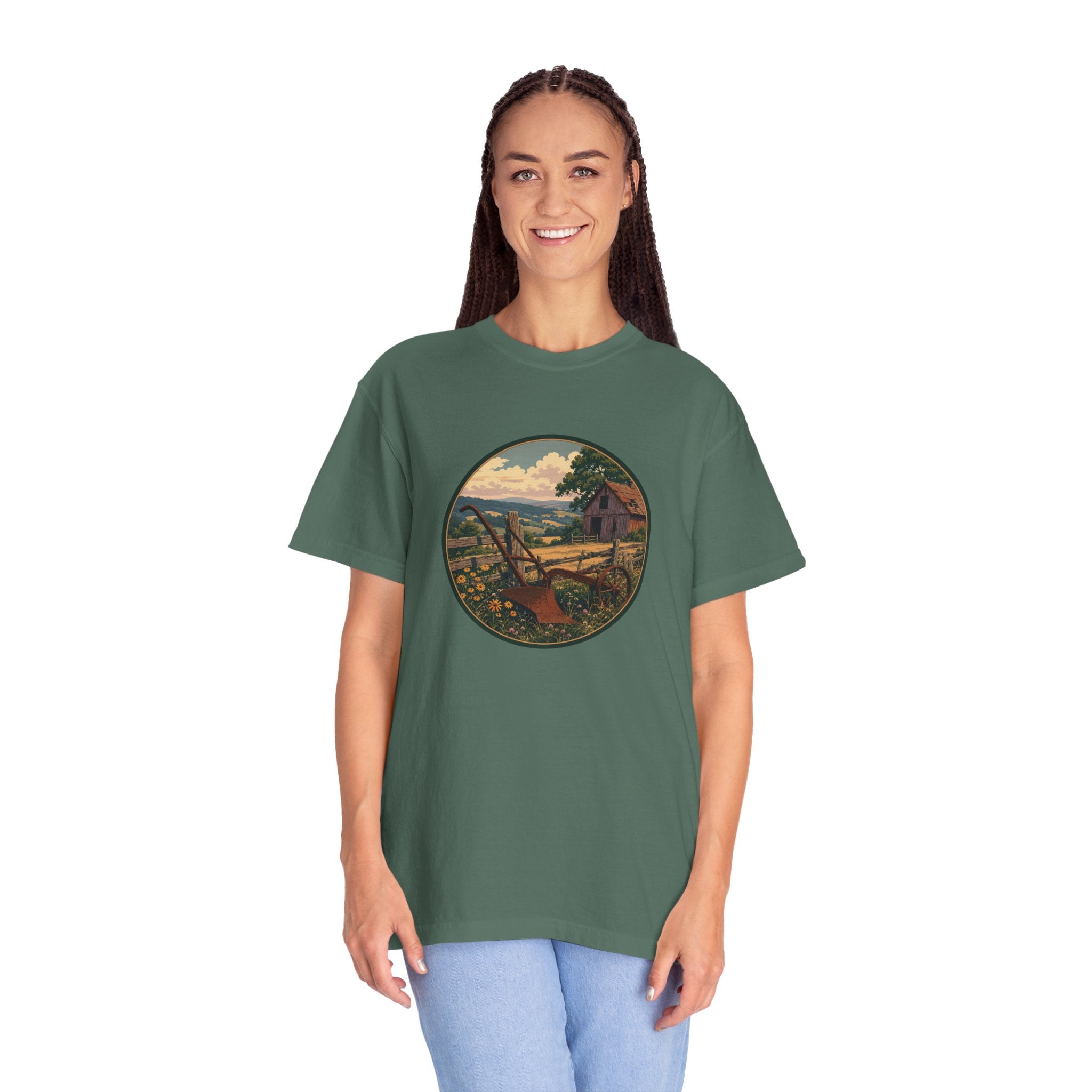 Vintage Countryside T-Shirt — Scenic Farm Landscape Graphic