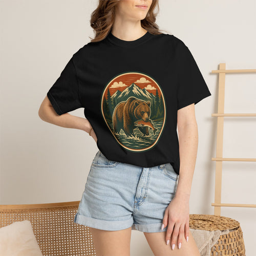 Bear Fishing Mountain T-Shirt — Retro Wilderness Outdoor Graphic Tee