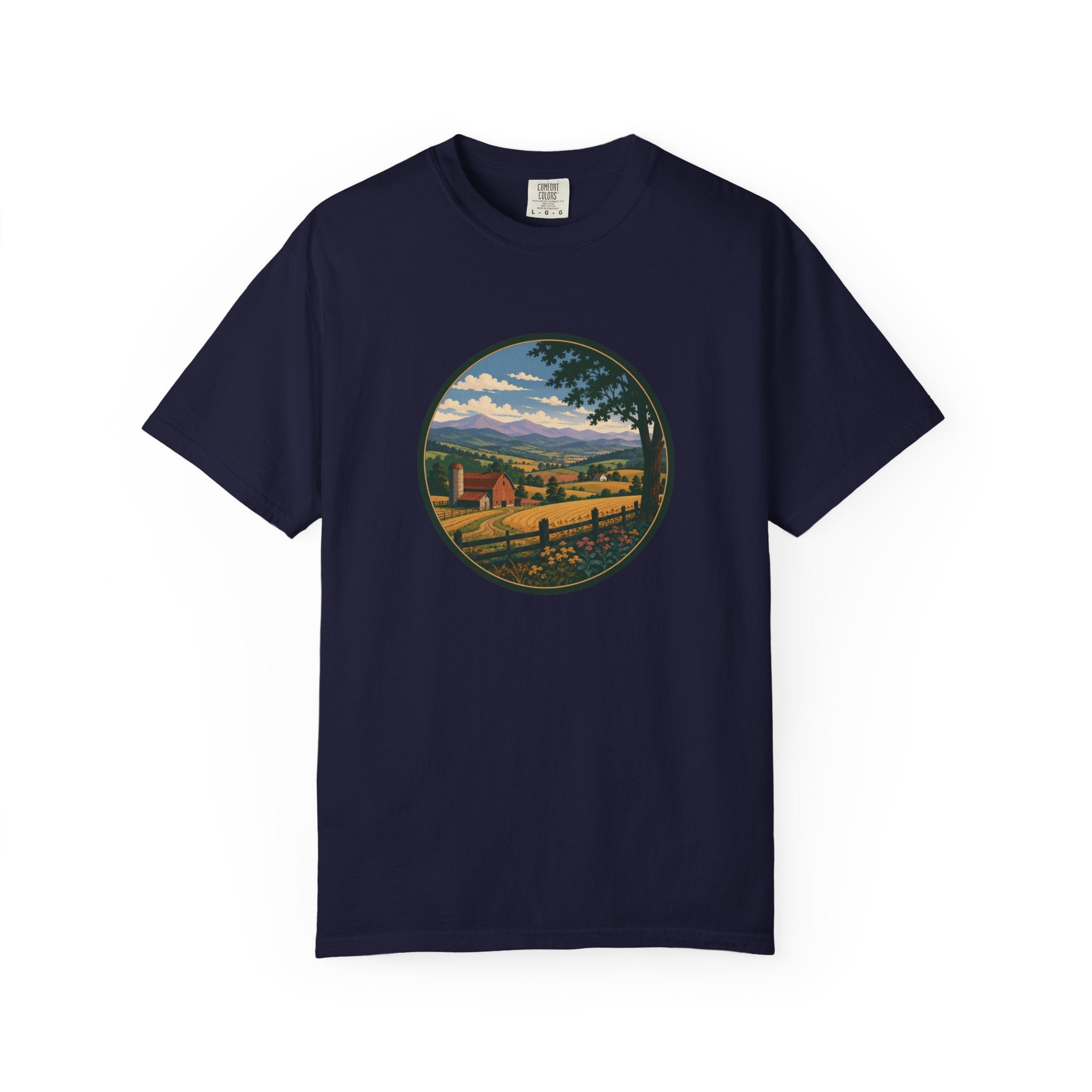 Scenic Countryside T-Shirt — Vintage Farm Landscape Graphic