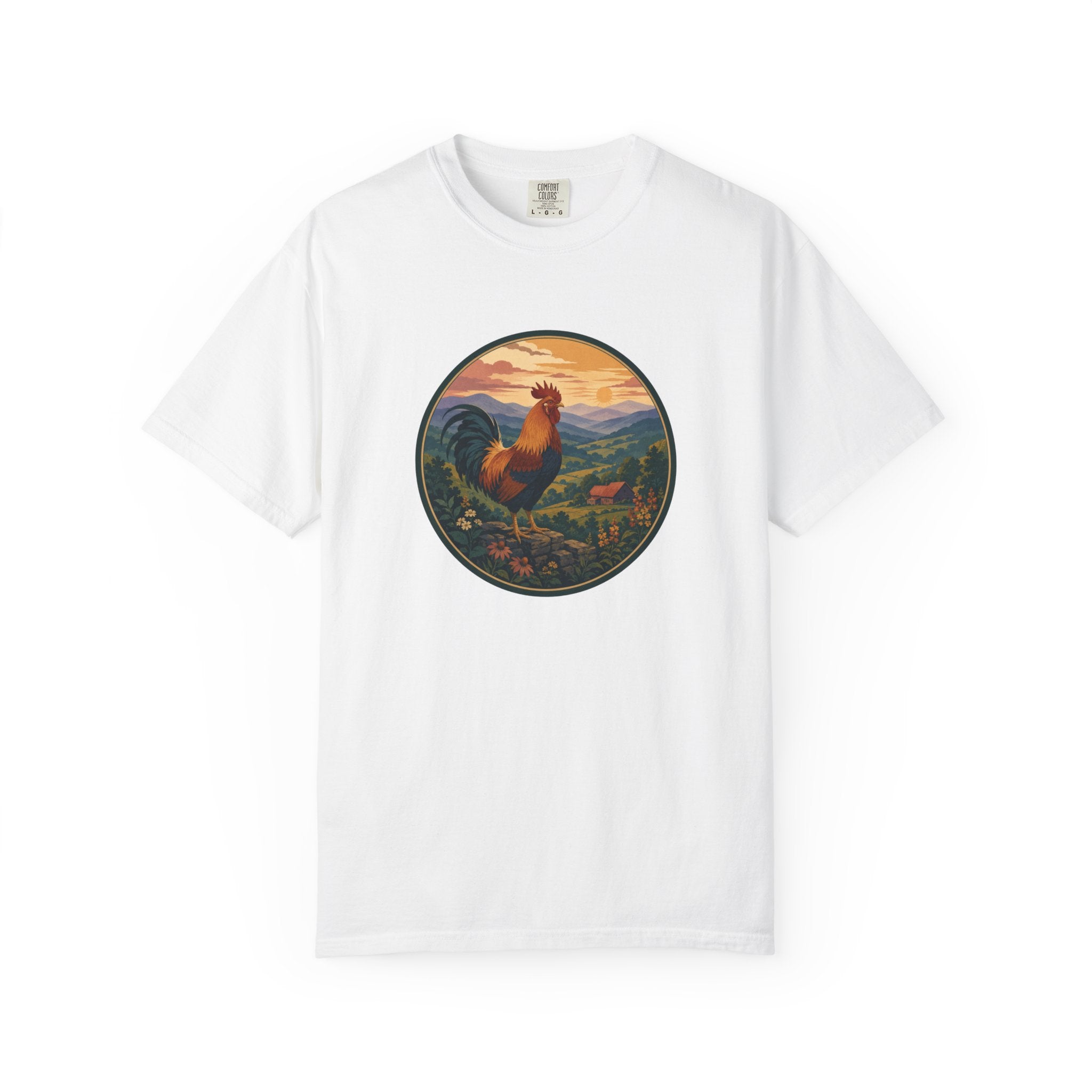 Blue Ridge Rooster Sunrise T-Shirt — Vintage Farm Scene Tee