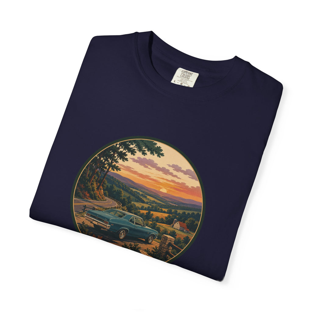 Sunset Valley Classic Car Landscape T-Shirt