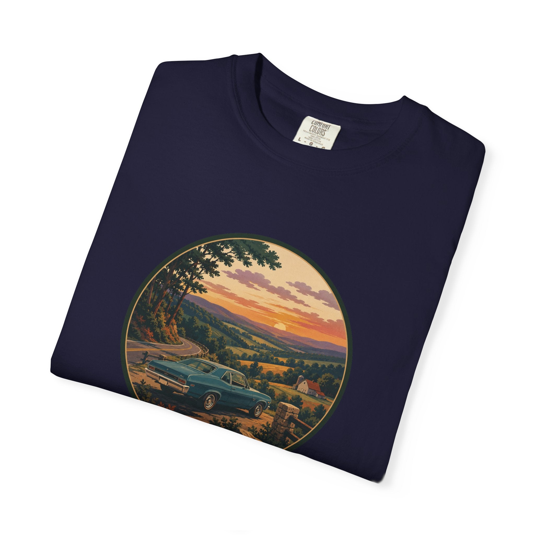 Sunset Valley Classic Car Landscape T-Shirt