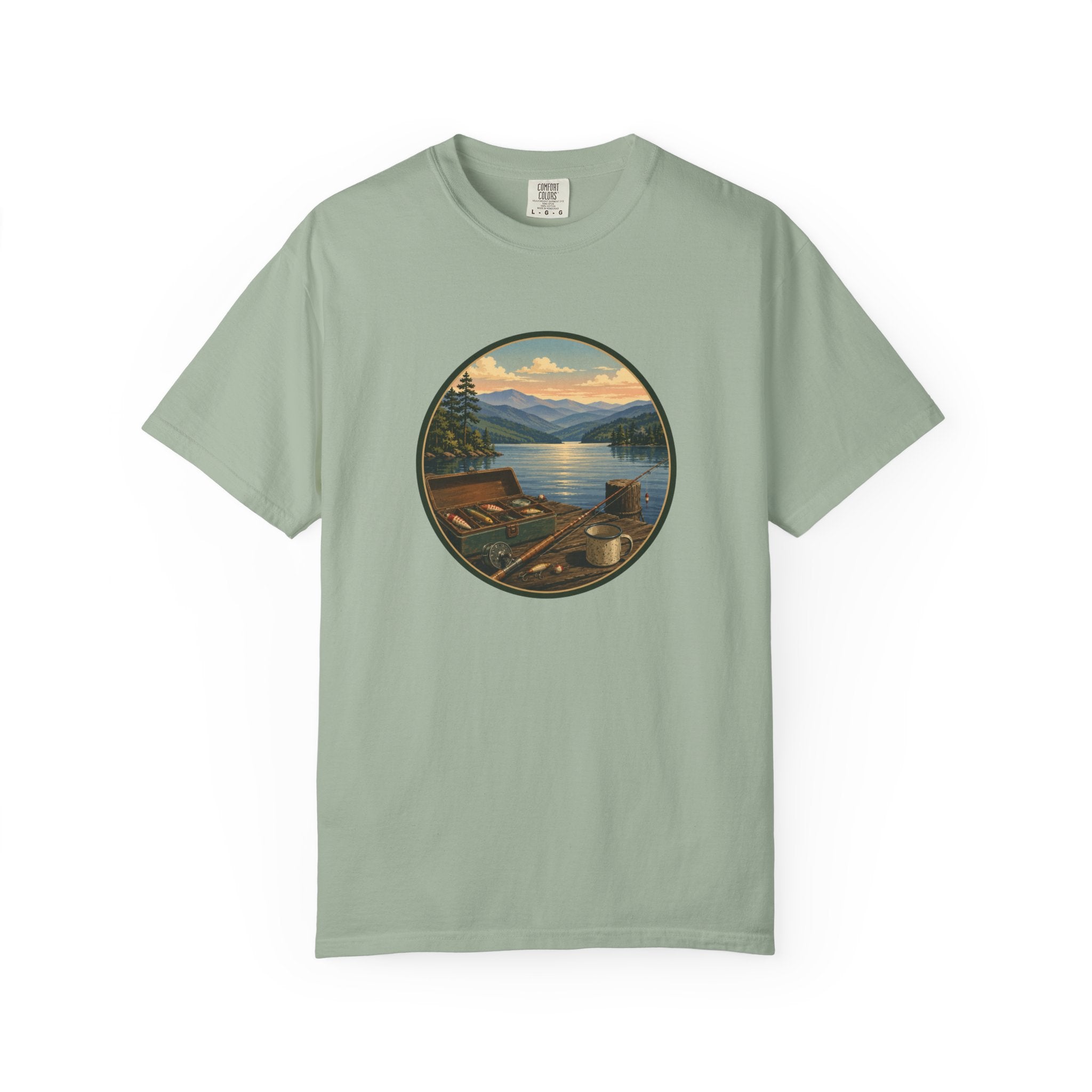 Vintage Fishing Tackle T-Shirt — Mountain View Dock Scene Tee