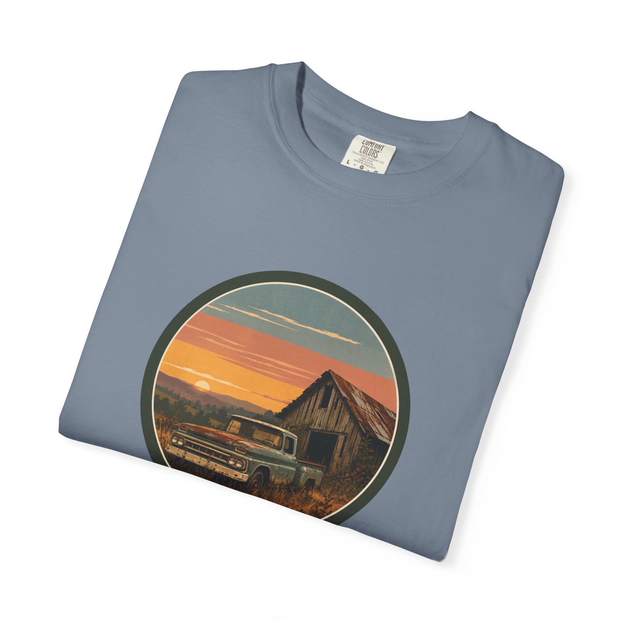 Vintage Sunset Barn T-Shirt — Retro Truck Farm Scene