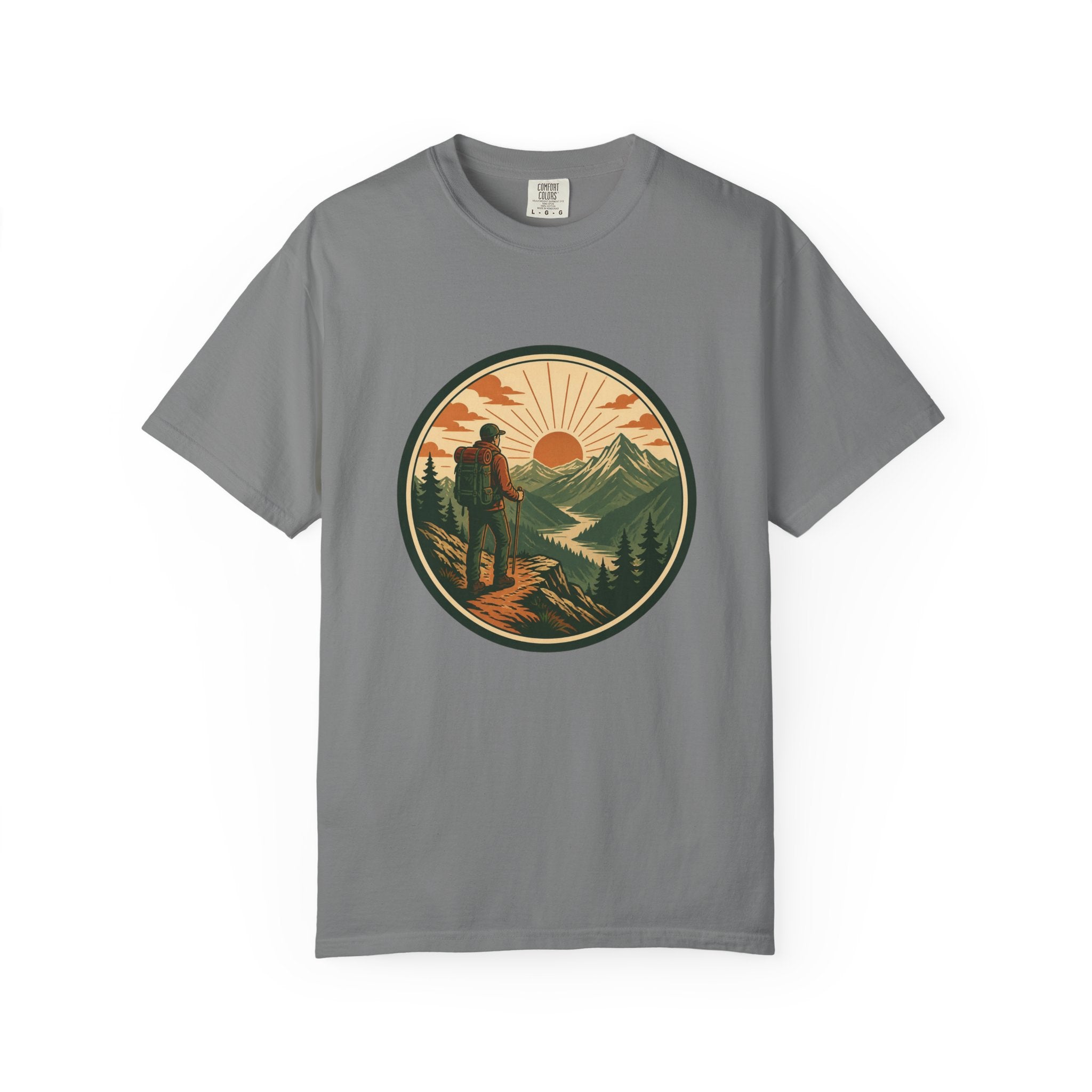 Hiker Sunset Graphic T-Shirt — Mountain Adventure Outdoor Tee