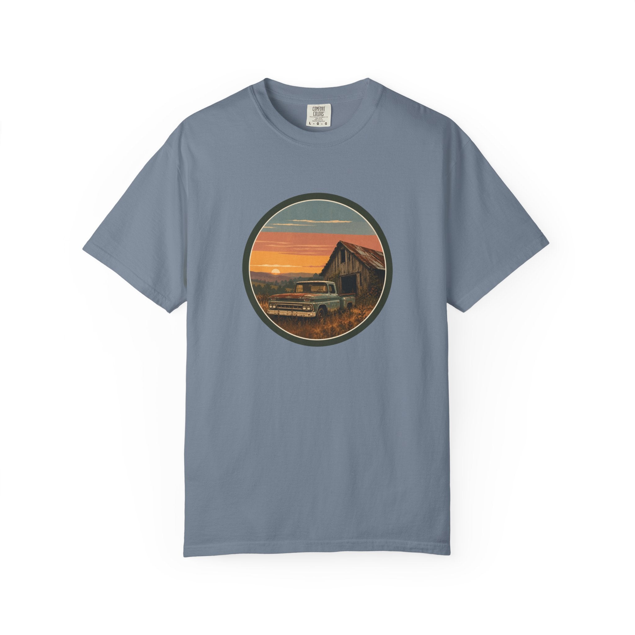 Vintage Sunset Barn T-Shirt — Retro Truck Farm Scene