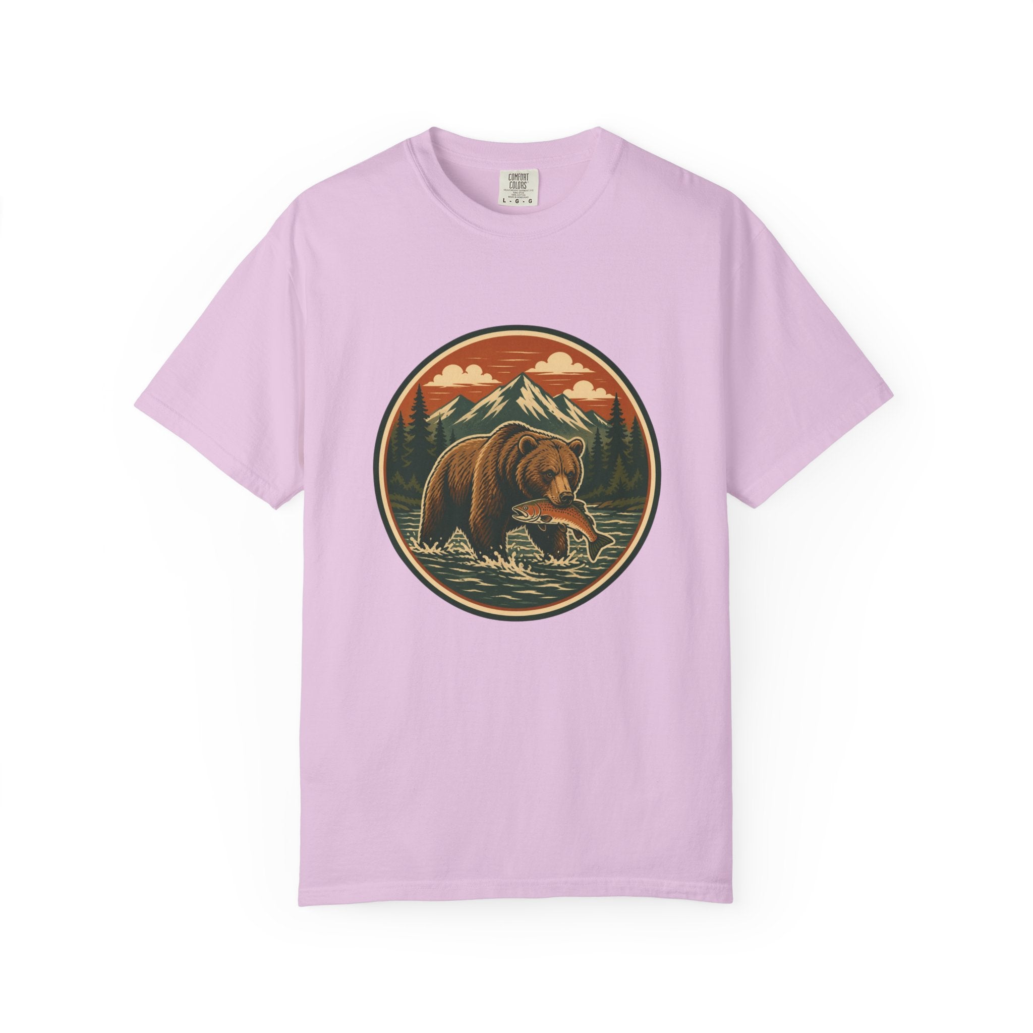 Bear Fishing Mountain T-Shirt — Retro Wilderness Outdoor Graphic Tee