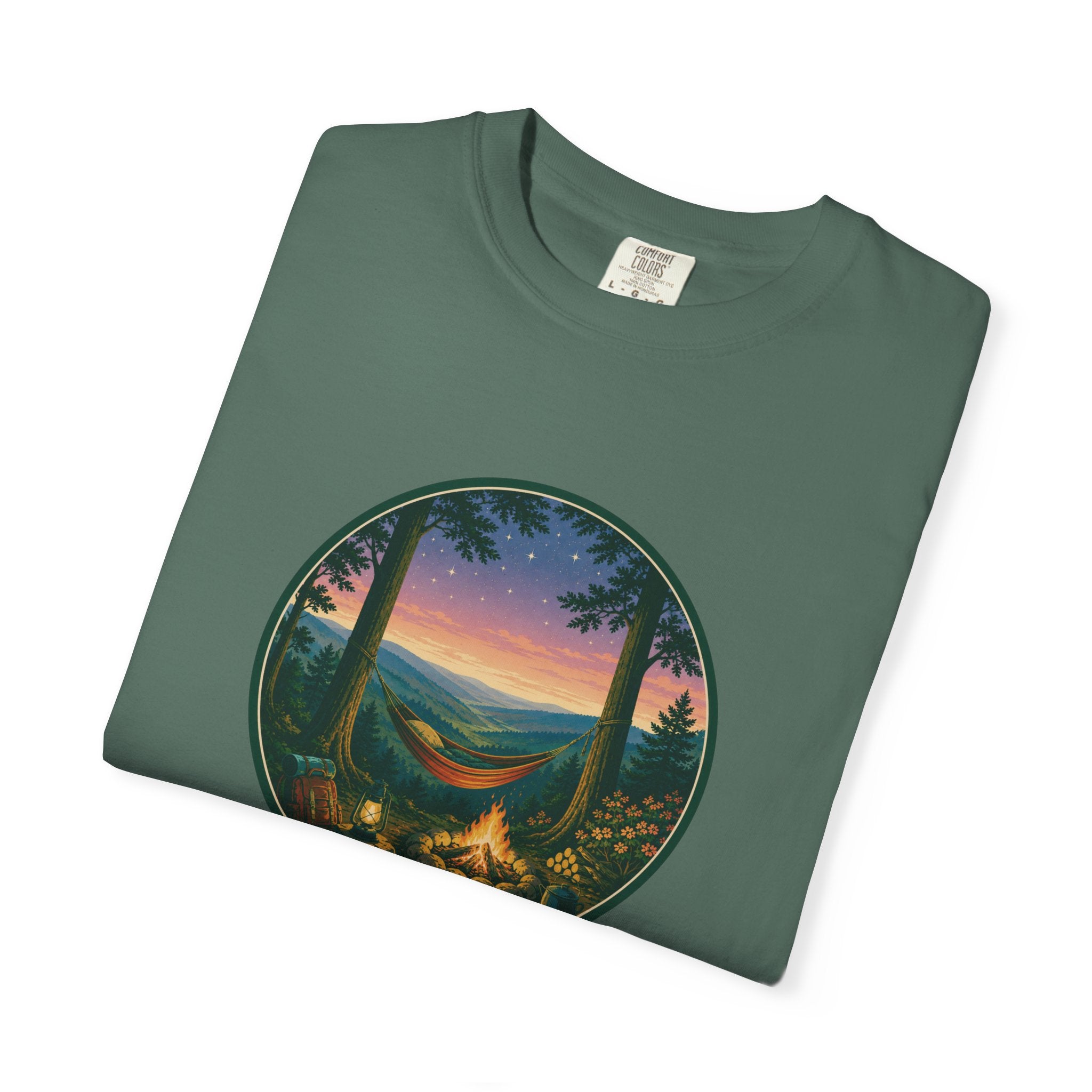 Hammock Camping Sunset T-Shirt — Bonfire Night Outdoor Graphic Tee