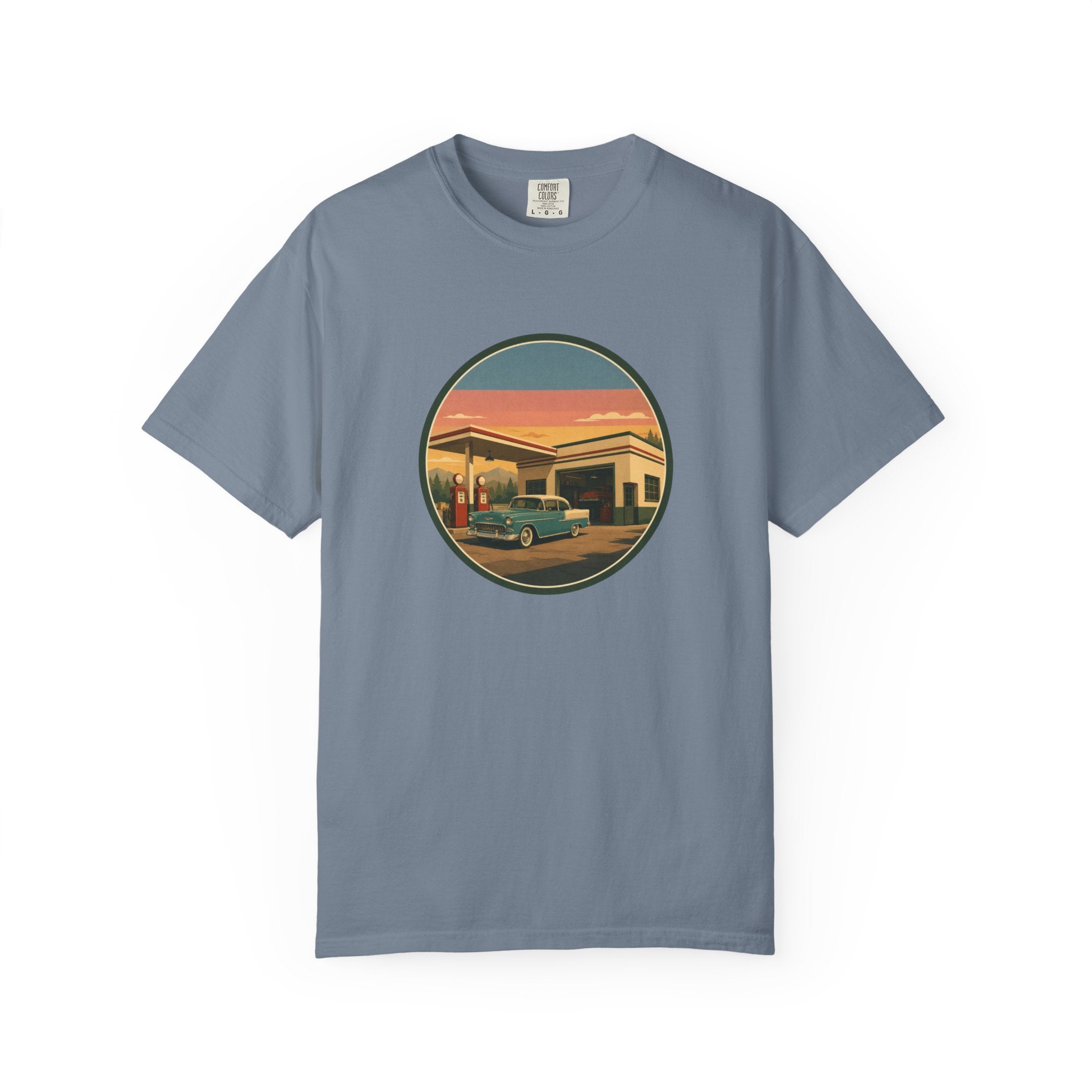 Retro Gas Station T-Shirt — Vintage Sunset Roadside Design