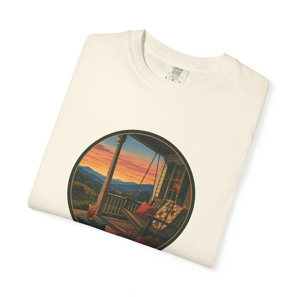 Sunset Porch Circle T-Shirt — Scenic Porch Swing Graphic Tee