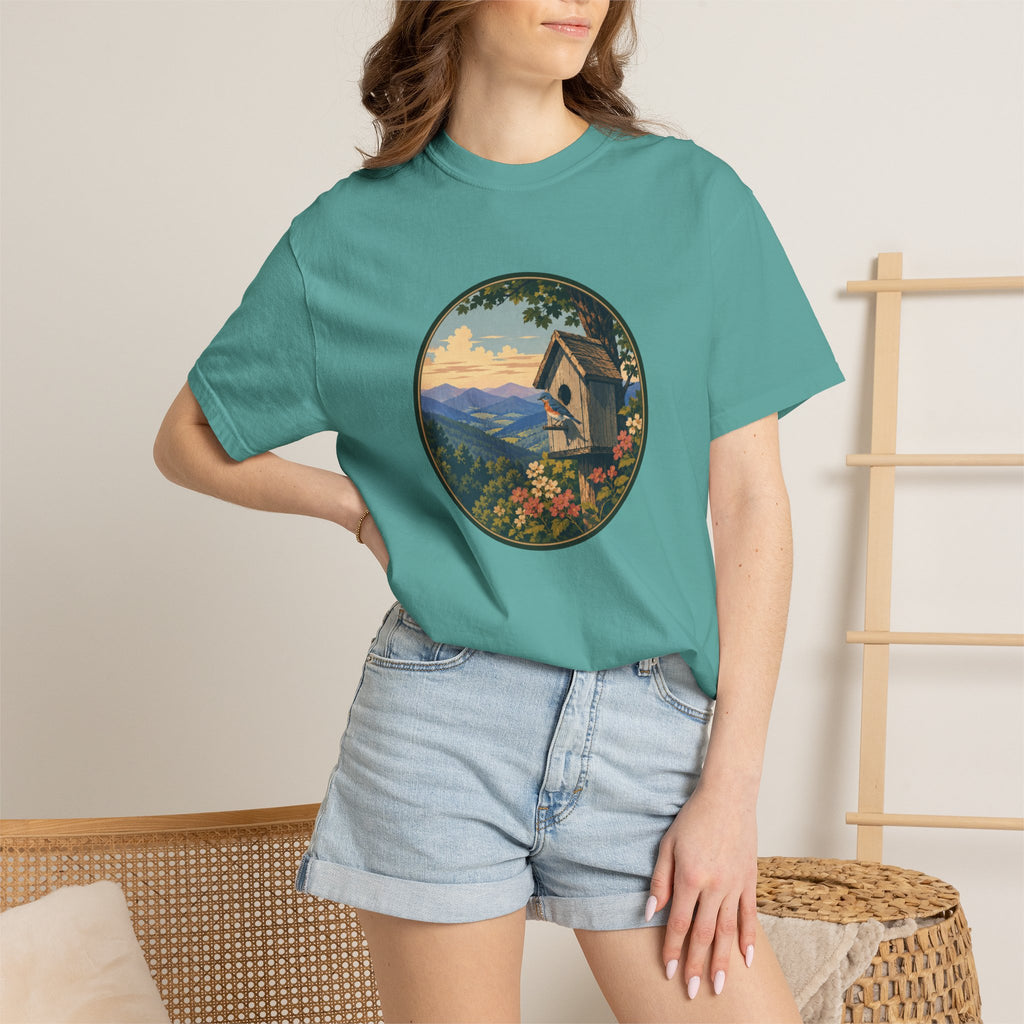 Scenic Birdhouse Tee — Mountain Sunrise Nature T-Shirt