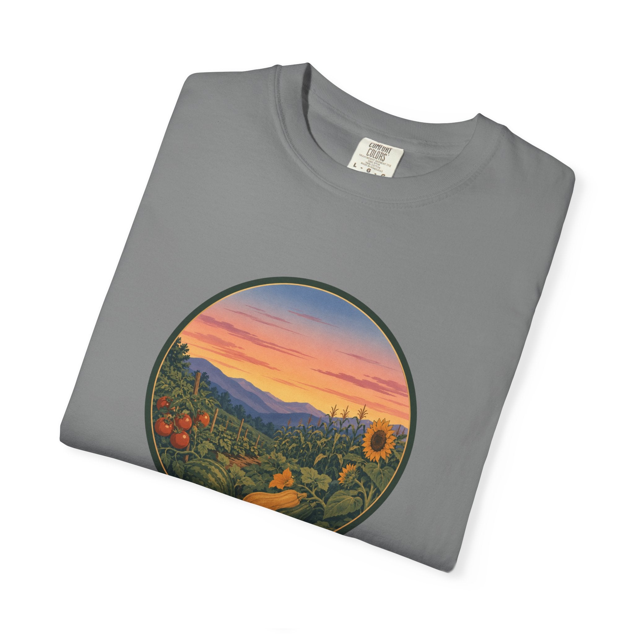 Sunset Mountain Garden T-Shirt — Scenic Fresh Vegetables Landscape Tee