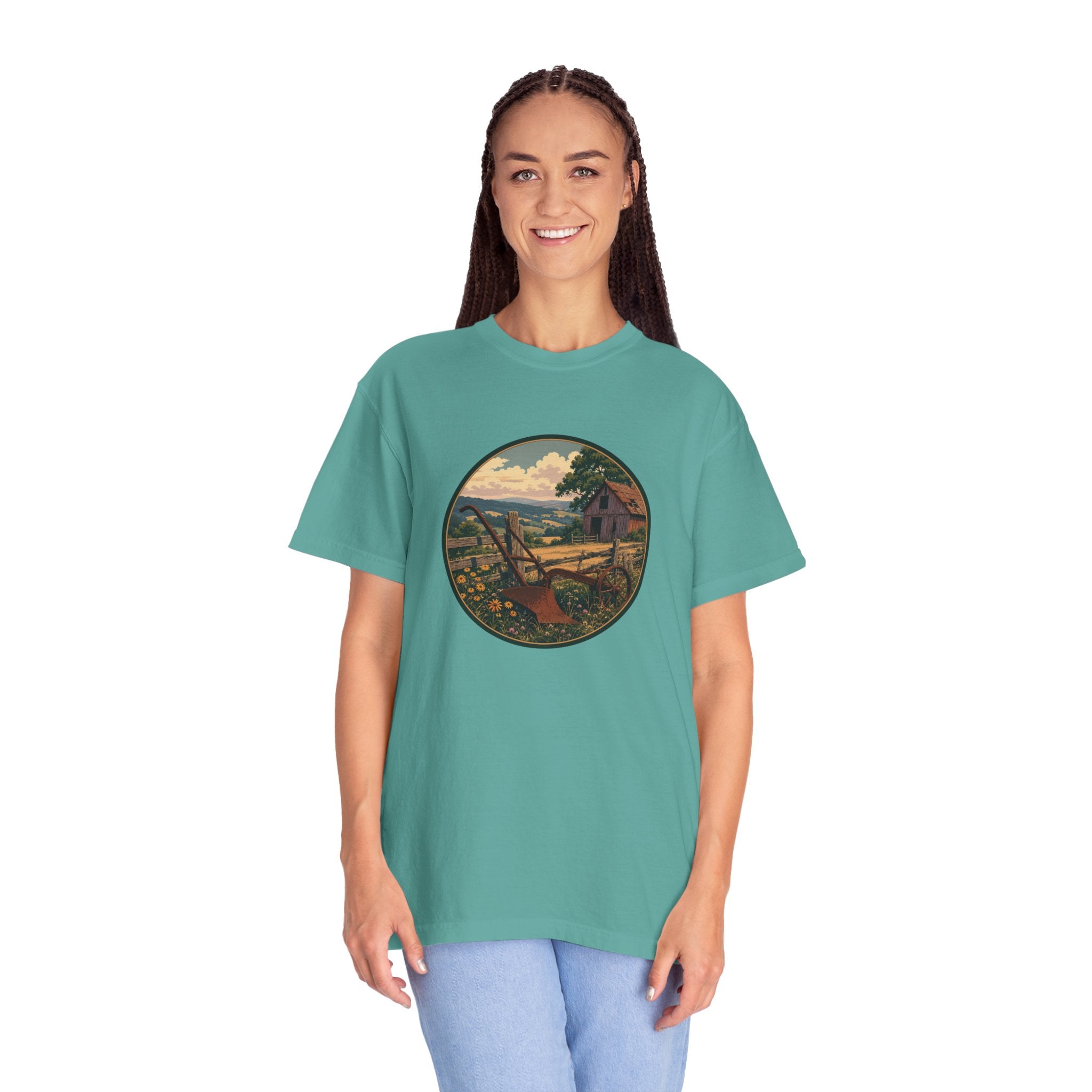 Vintage Countryside T-Shirt — Scenic Farm Landscape Graphic