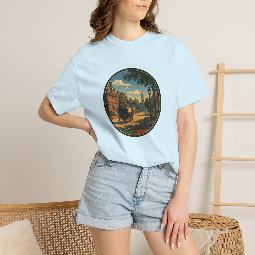 Colonial Carriage Ride T-Shirt — Retro Scenic Circle Print