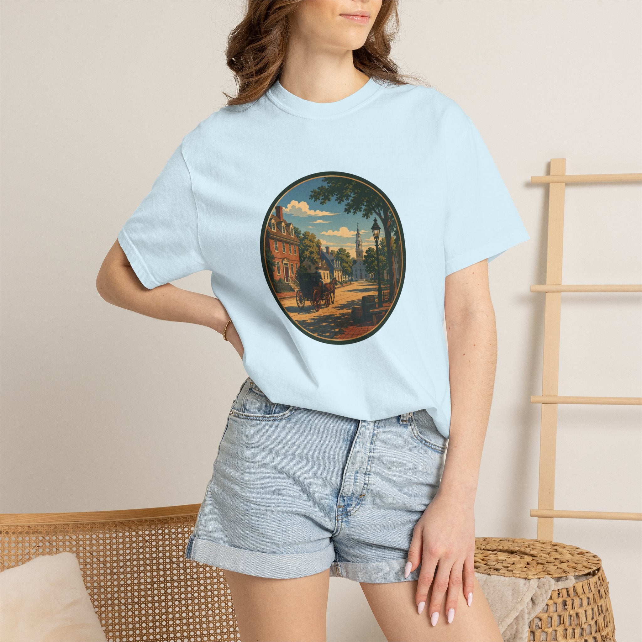 Colonial Carriage Ride T-Shirt — Retro Scenic Circle Print