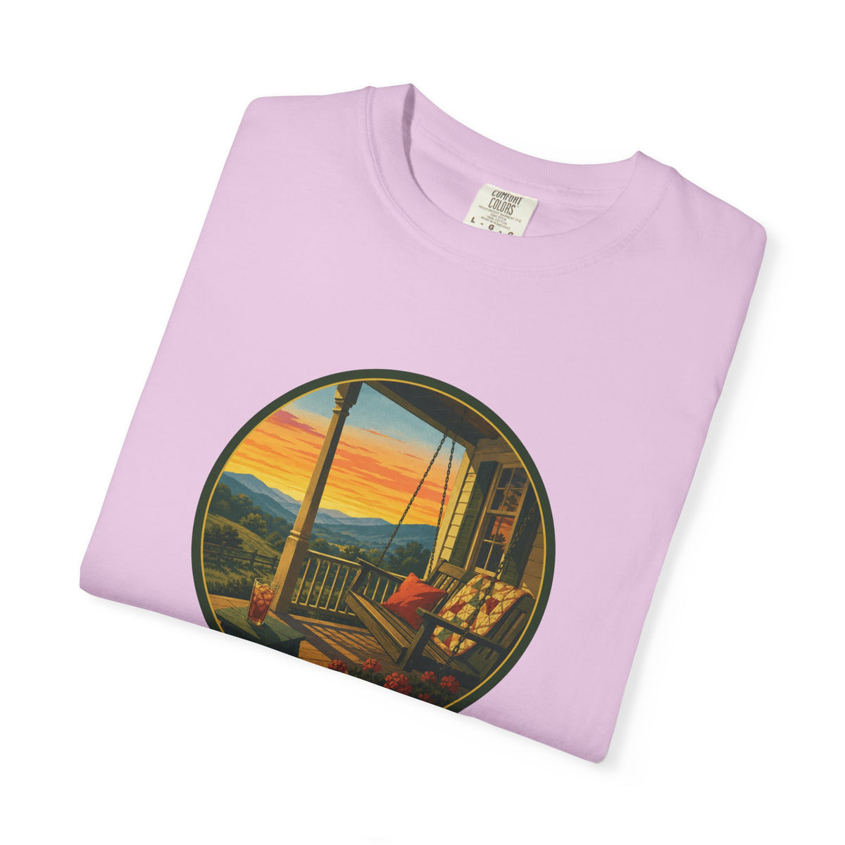 Sunset Porch Circle T-Shirt — Scenic Porch Swing Graphic Tee