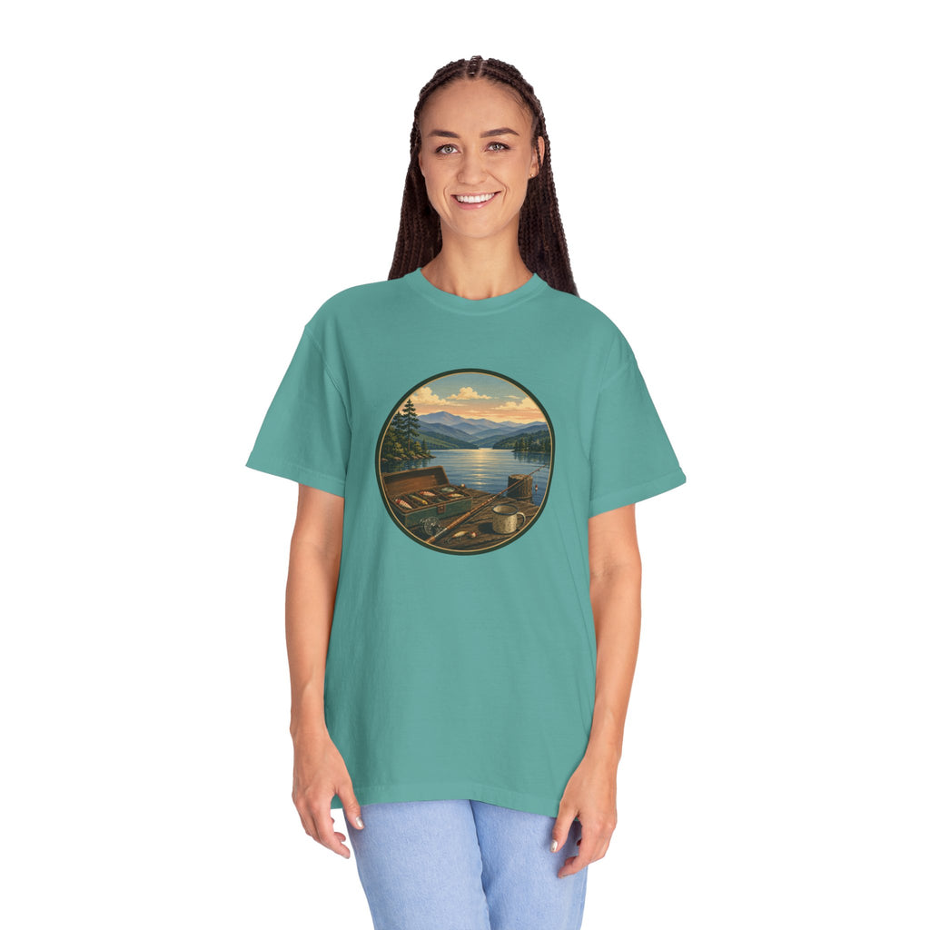 Vintage Fishing Tackle T-Shirt — Mountain View Dock Scene Tee