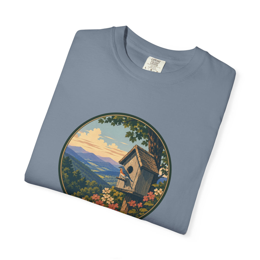 Scenic Birdhouse Tee — Mountain Sunrise Nature T-Shirt