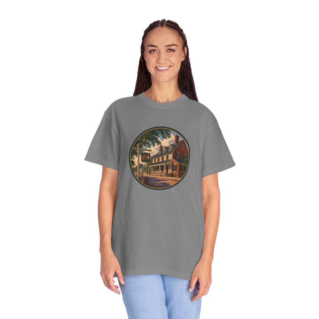 Historic Main Street Tavern T-Shirt — Colonial Village Scene Tee
