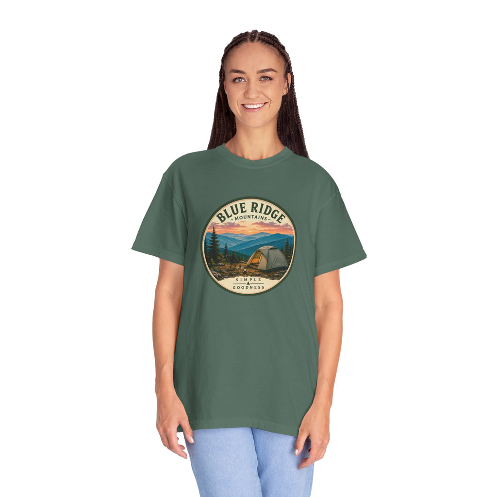 Blue Ridge Mountains Camping T-Shirt — Vintage Scenic Camp Graphic
