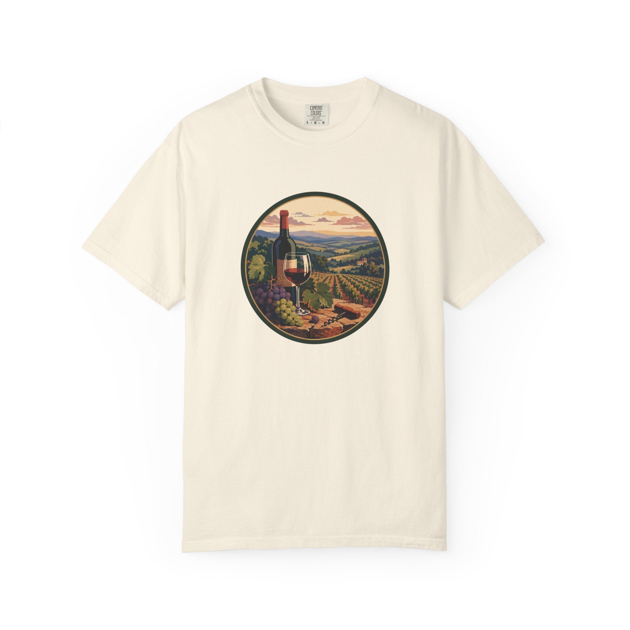 Wine Country Scenic T-Shirt – Vineyard Bottle & Sunset Graphic