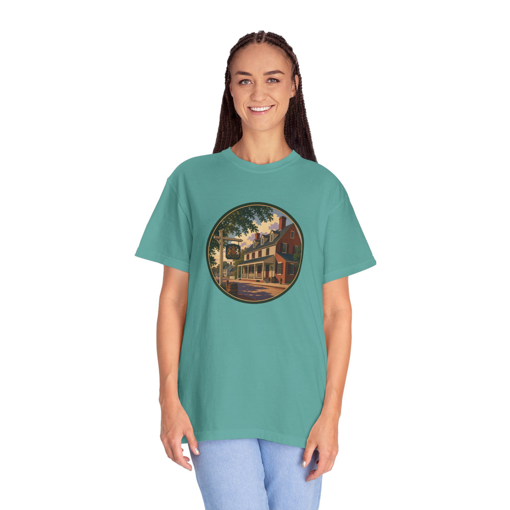 Historic Main Street Tavern T-Shirt — Colonial Village Scene Tee
