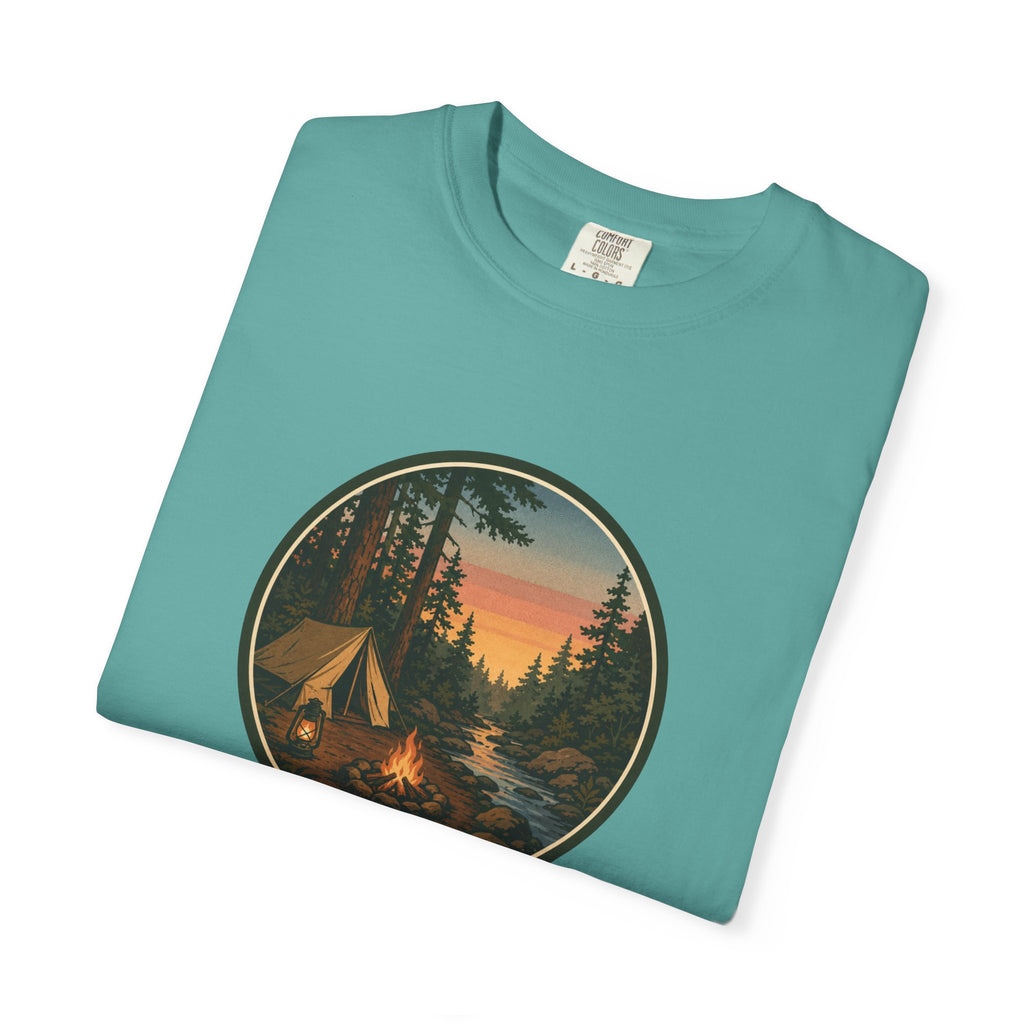 Camping Sunset T-Shirt — Vintage Tent & Campfire Graphic