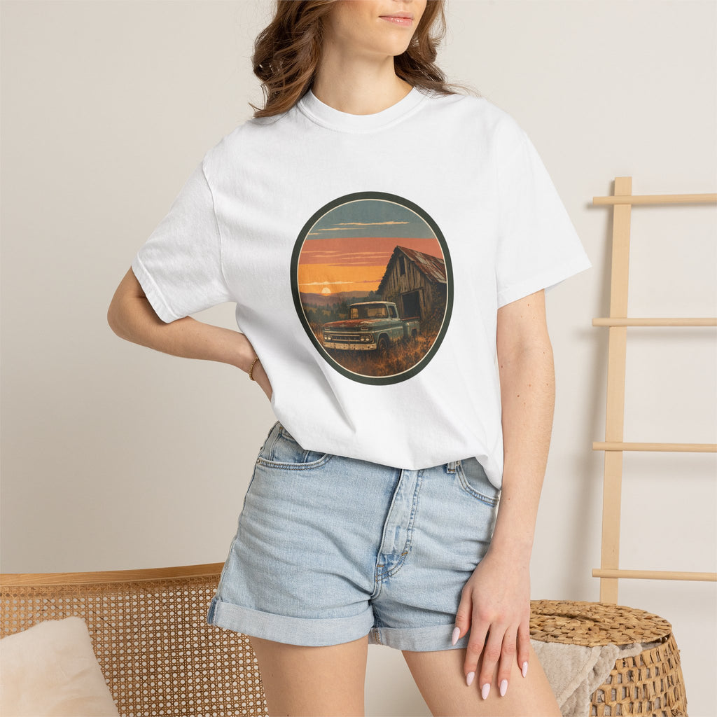 Vintage Sunset Barn T-Shirt — Retro Truck Farm Scene