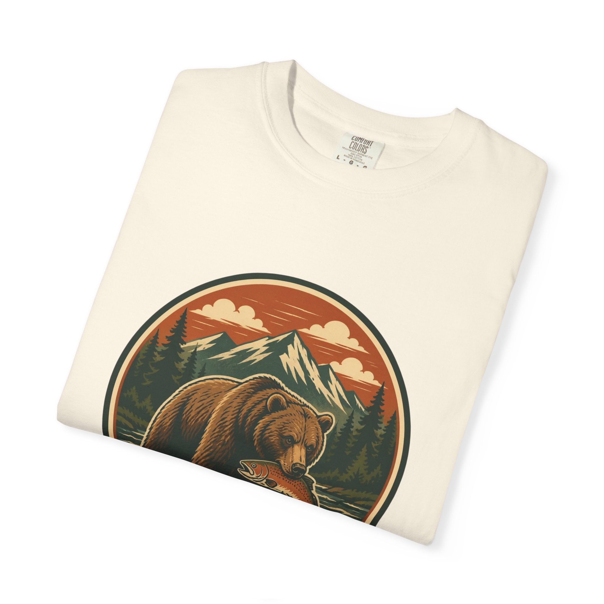 Bear Fishing Mountain T-Shirt — Retro Wilderness Outdoor Graphic Tee