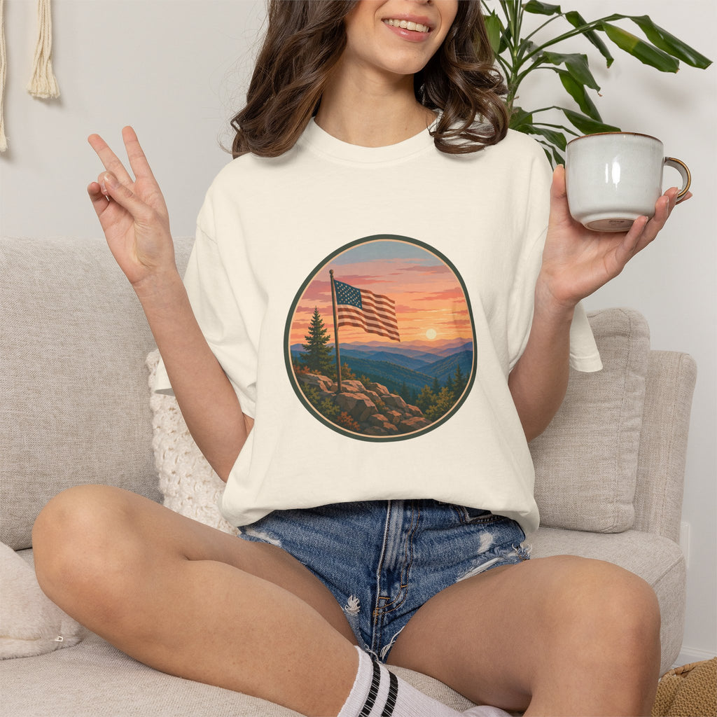 Flag Over Blue Ridge Mountains T-Shirt — Scenic Sunset American Flag Graphic Tee