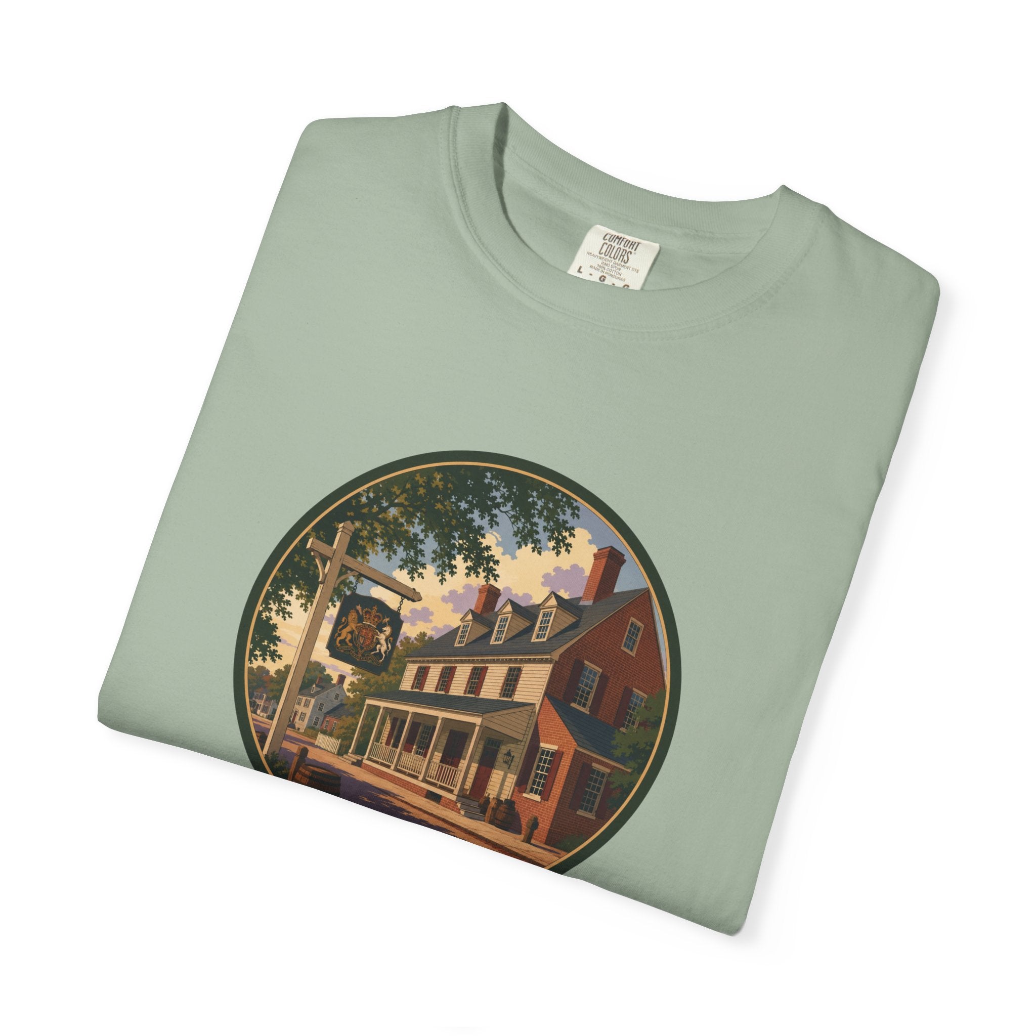 Historic Main Street Tavern T-Shirt — Colonial Village Scene Tee