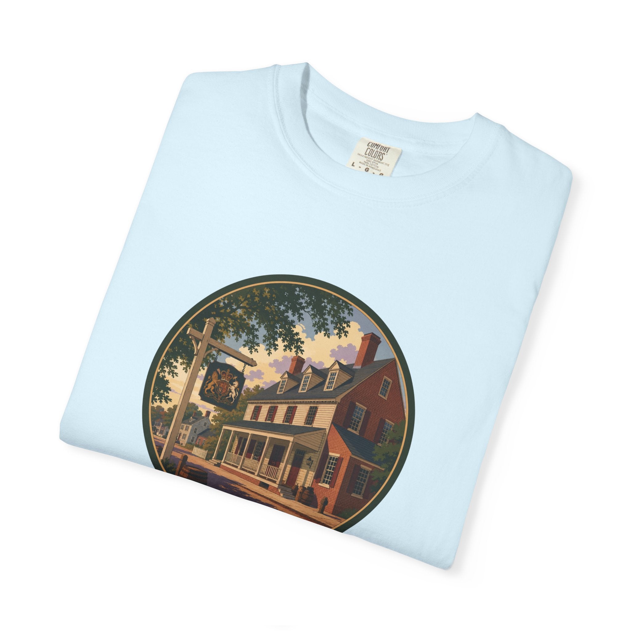 Historic Main Street Tavern T-Shirt — Colonial Village Scene Tee