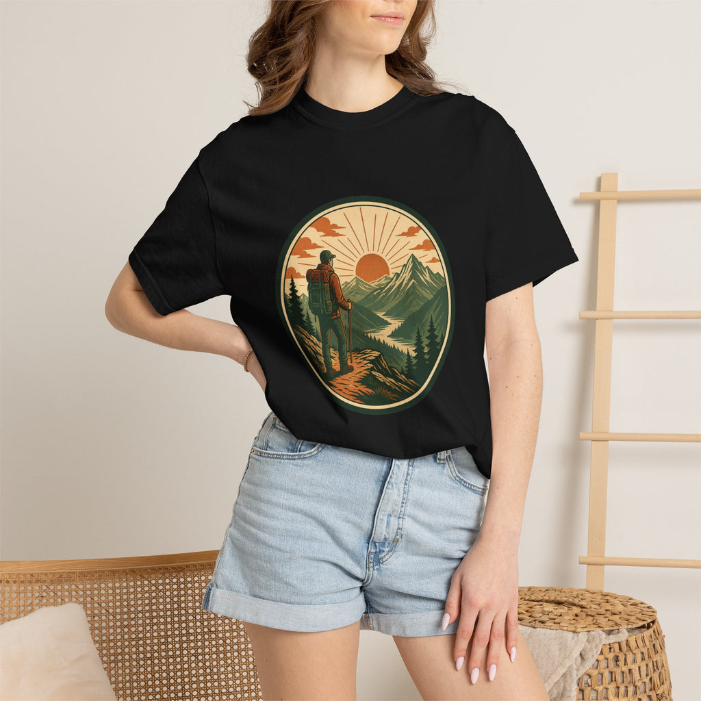 Hiker Sunset Graphic T-Shirt — Mountain Adventure Outdoor Tee