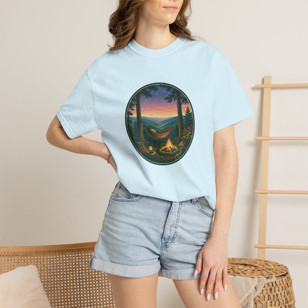Hammock Camping Sunset T-Shirt — Bonfire Night Outdoor Graphic Tee