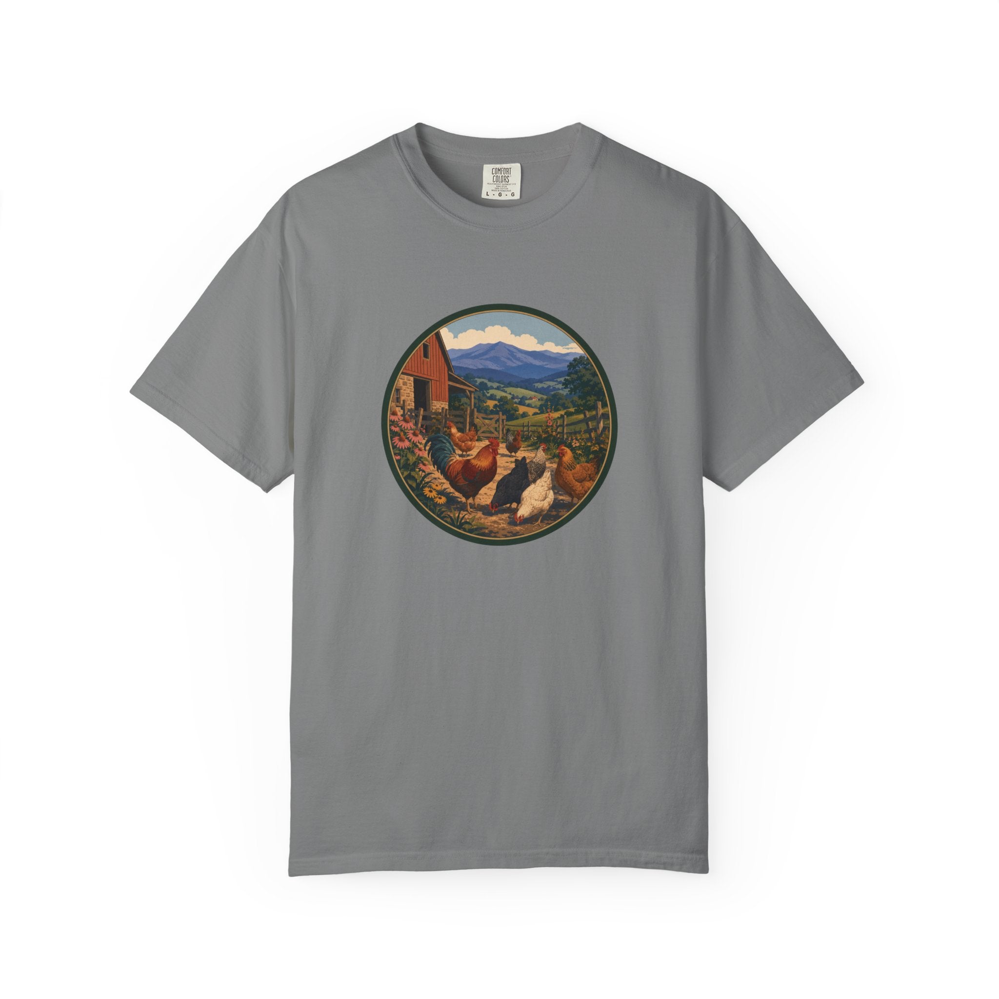 Chicken Farm Vintage Tee — Pastoral Hen Scene T-Shirt